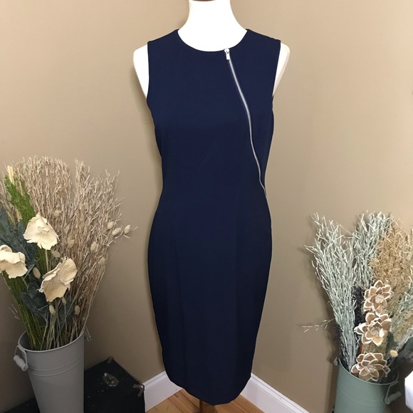 Calvin Klein Dresses & Skirts - Calvin Klein Navy Sheath Dress Asymmetric Zipper